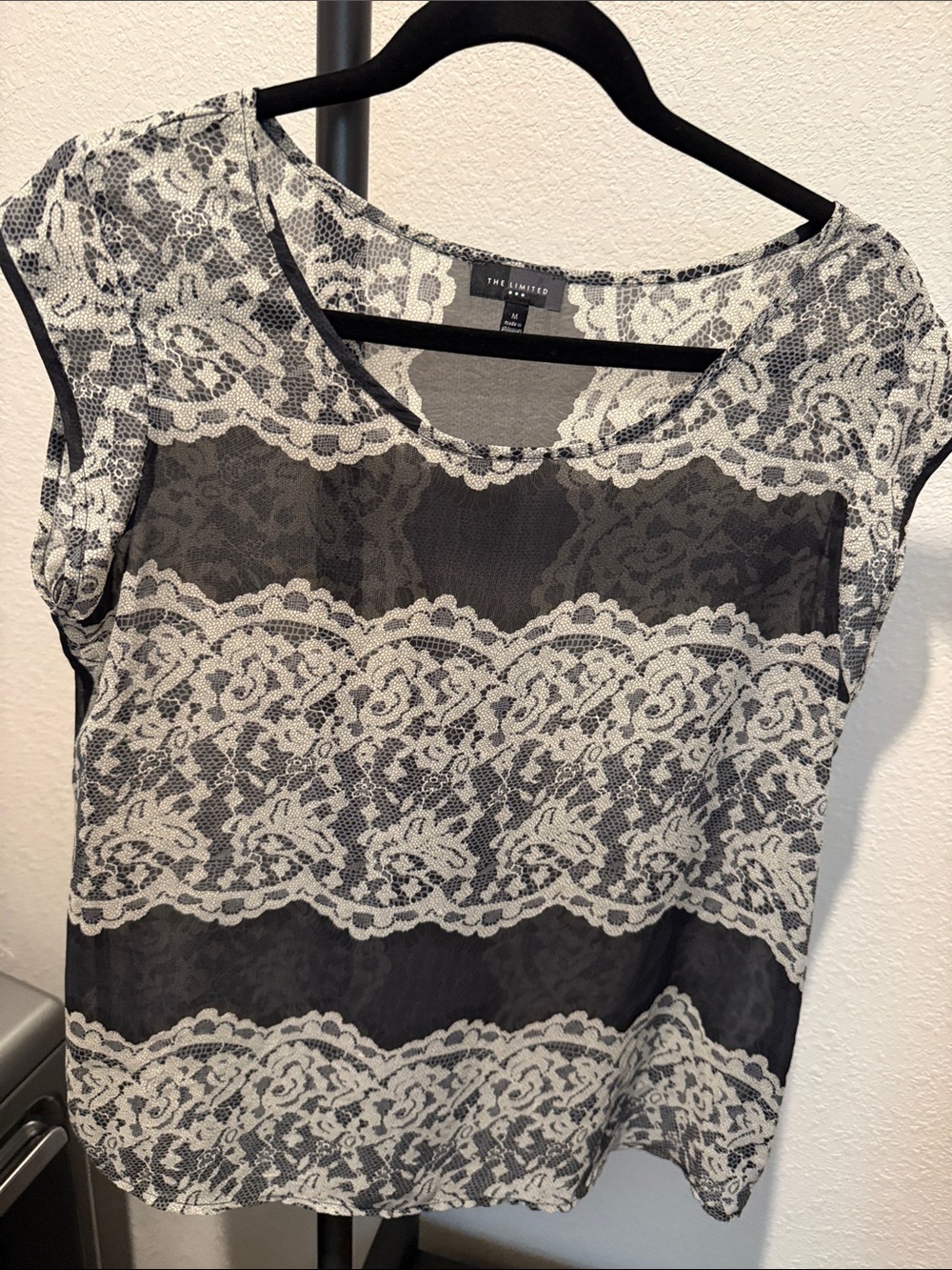 The Limited Black and White Lace-Overlay Cap Sleeve Top